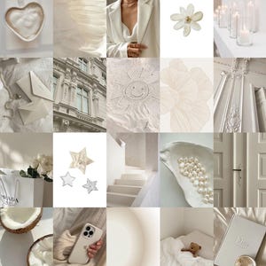 May include: A collage of images in shades of white and cream. The images include a cup of coffee, a white flower, a building with ornate details, a sun with a smiley face, a shell with pearls, a door with a handle, a coconut, a phone, a bed with a teddy bear, and a book with the word "Dior" on the cover.