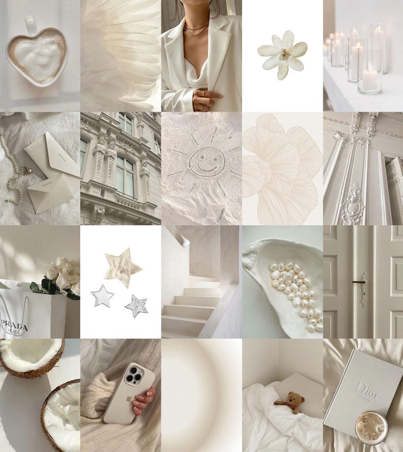 May include: A collage of images in shades of white and cream. The images include a cup of coffee, a white flower, a building with ornate details, a sun with a smiley face, a shell with pearls, a door with a handle, a coconut, a phone, a bed with a teddy bear, and a book with the word "Dior" on the cover.