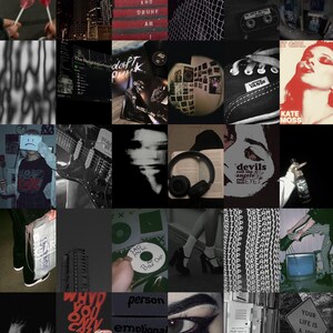 May include: A collage of images in black, white, and red with various themes, including music, fashion, and quotes. The images include a guitar, a pair of headphones, a book, a pair of Vans shoes, a cassette tape, a lollipop, a building, and a woman's eye. The text in the images includes "It Girl", "Kate Moss", "Sad Music", "Bad Day", "Why You Only Care When You're Rich", "Person", "Emotional Person", "Emotional", "Devils Roll the Dice", "Angels Roll Their Eyes", "Stop Dreamin", and "Your Life is a Joke".