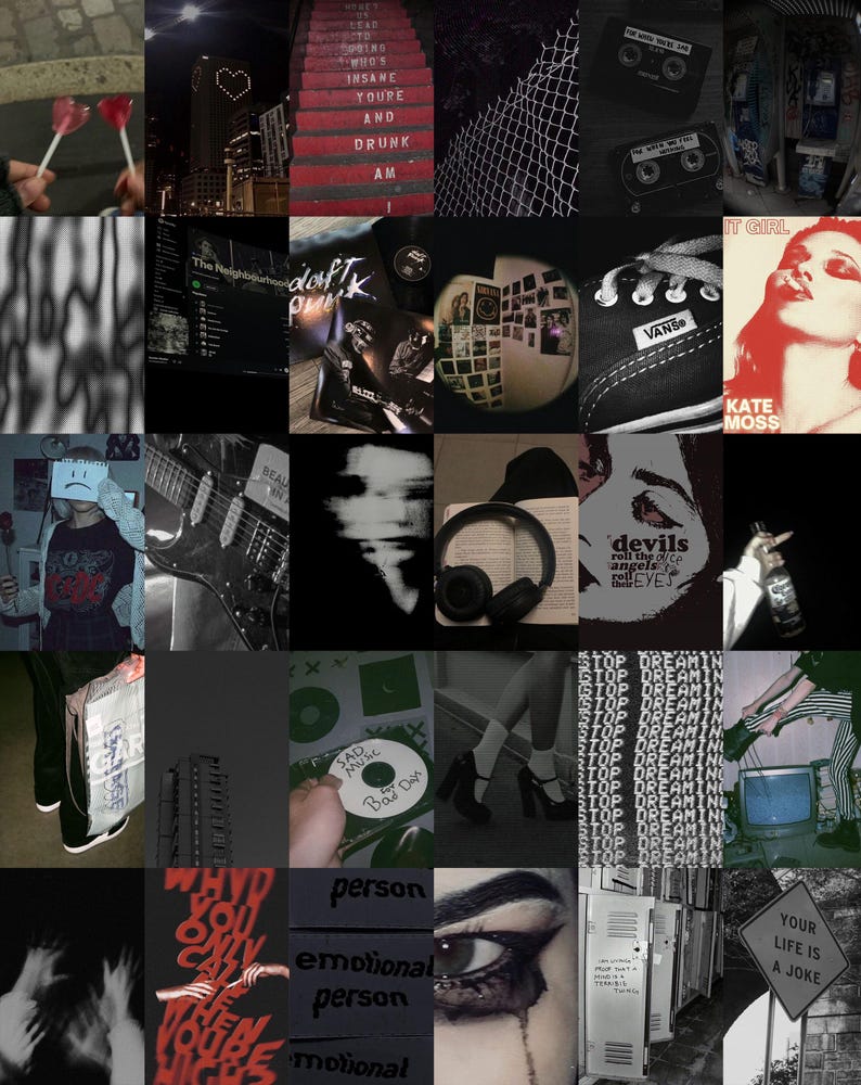 May include: A collage of images in black, white, and red with various themes, including music, fashion, and quotes. The images include a guitar, a pair of headphones, a book, a pair of Vans shoes, a cassette tape, a lollipop, a building, and a woman's eye. The text in the images includes "It Girl", "Kate Moss", "Sad Music", "Bad Day", "Why You Only Care When You're Rich", "Person", "Emotional Person", "Emotional", "Devils Roll the Dice", "Angels Roll Their Eyes", "Stop Dreamin", and "Your Life is a Joke".