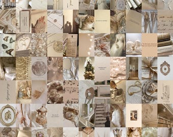 Neutrale romantische vintage muurcollage – antiekbeige esthetiek, klassieke kunst, beige zacht luxe en tijdloos kamerdecor (100 stuks)