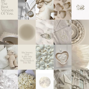 May include: A collage of images in shades of white and cream. The images include a clock, a statue, a swan, a heart-shaped cup, a bouquet of white roses, a full moon, and a building with ornate details. The text "Be The Best Version Of You." and "She knows God Is the only Reason She's made it This far." are also included in the collage.