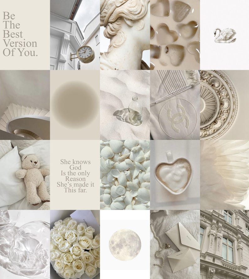 May include: A collage of images in shades of white and cream. The images include a clock, a statue, a swan, a heart-shaped cup, a bouquet of white roses, a full moon, and a building with ornate details. The text "Be The Best Version Of You." and "She knows God Is the only Reason She's made it This far." are also included in the collage.