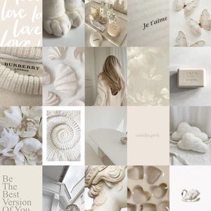 May include: A collage of images in white and cream tones. The images include a cat's paw, seashells, a woman in a white sweater, a white soap bar, a white flower, a spiral shell, a white table, a white cloud, a white swan, a clock, a statue, and a heart-shaped ice tray. The text "Je t'aime" and "vanilla girls." are also included in the collage.