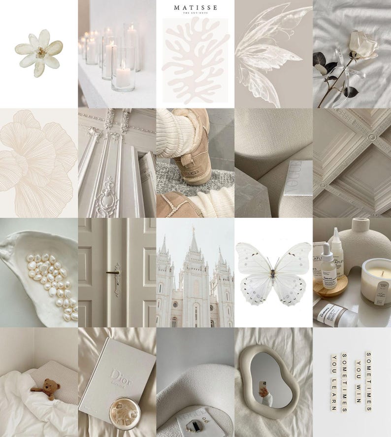 May include: A collage of images in a neutral color palette, featuring a white flower, candles, a coral branch, a white butterfly, a white building, a white door, a white book, a white mirror, a white teddy bear, and a white ceramic vase with a white candle. The text "SOMETIMES YOU WIN, SOMETIMES YOU LEARN" is visible in the bottom right corner.