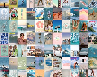 May include: A collage of images featuring a variety of surf-themed designs, including logos, text, and photographs. The images are arranged in a grid pattern and feature a variety of colours, including blue, green, pink, and yellow. The collage includes text such as "Life is better when you surf", "Surf's Up", "Roxy", "Surf Girl", and "Good Vibes".
