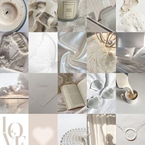 May include: A collage of images in white and cream tones. The images include a candle, a book, a ferris wheel, a heart, a cup of coffee, a butterfly, a piece of fabric, and a piece of paper with the word "Cartier" written on it.