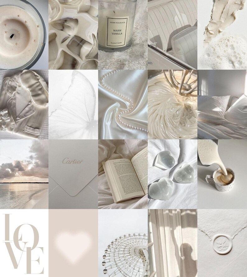 May include: A collage of images in white and cream tones. The images include a candle, a book, a ferris wheel, a heart, a cup of coffee, a butterfly, a piece of fabric, and a piece of paper with the word "Cartier" written on it.