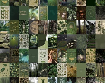 100 PCS | Dark Cottagecore Photo Collage Kit | Vintage Green Aesthetic Poster Collage | Green Wall Collage Kit | Botanical Poster Collage