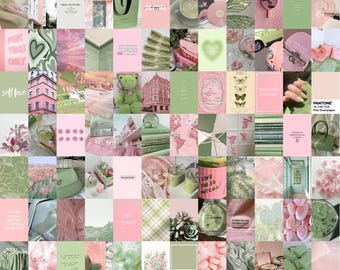 108 PCS | Sage and Pink Aesthetic Wall Photo Collage | Pink Green Poster Prints | Baby Pink Matcha Wall Photo Collage | Strawberry Matcha