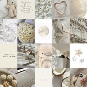 May include: A collage of images in white and cream tones. The images include a teddy bear, white roses, a full moon, a cup of coffee, a building, a seashell, a bottle of vanilla coconut body wash, a coconut, a phone case, and a chocolate truffle. The text "She knows God is the only reason she's made it this far." is visible in the top left corner. The text "HONEY YOUR SOUL IS GOLDEN" is visible in the bottom left corner. The text "A new era of me." is visible in the bottom center.