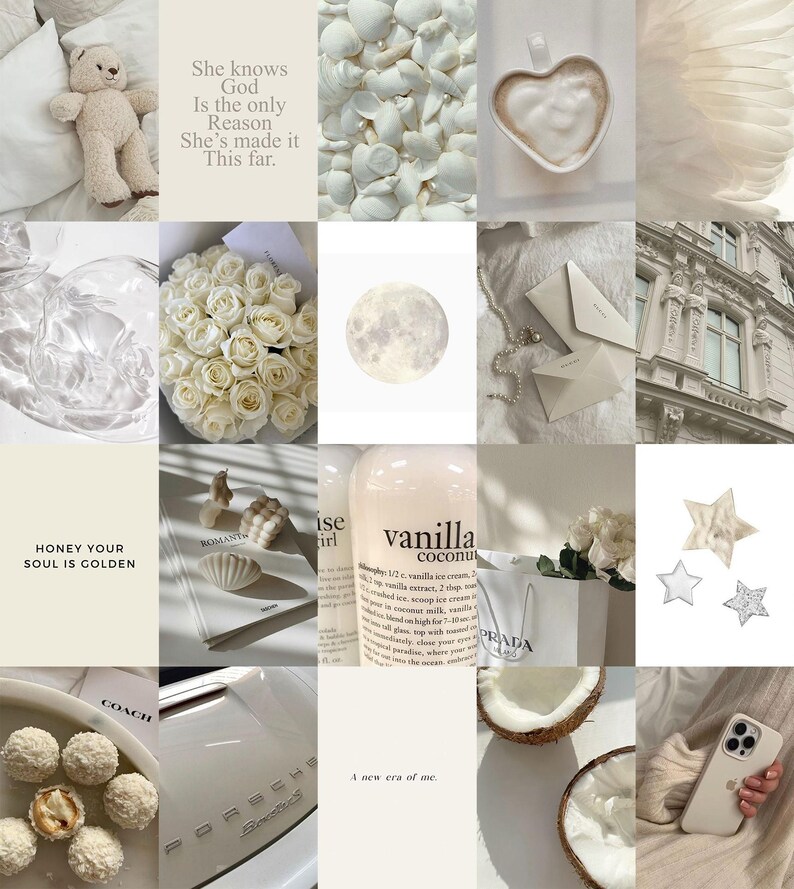 May include: A collage of images in white and cream tones. The images include a teddy bear, white roses, a full moon, a cup of coffee, a building, a seashell, a bottle of vanilla coconut body wash, a coconut, a phone case, and a chocolate truffle. The text "She knows God is the only reason she's made it this far." is visible in the top left corner. The text "HONEY YOUR SOUL IS GOLDEN" is visible in the bottom left corner. The text "A new era of me." is visible in the bottom center.