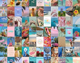 Tropischer Strand Ästhetische Wandcollage, Pastellfarbene Sommerferien als Raumdekor (100 Teile)