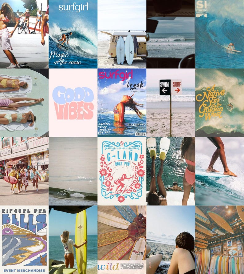 Surf Aesthetic Wall Collage Art – Retro Beach Photo Set, Coastal ...