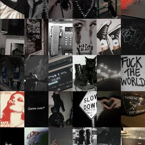 May include: A collage of images in black and white and red with a dark and edgy aesthetic. The images include a skull, a spider, a heart, a telephone, a pair of Converse sneakers, a black cat, a car driving on a bridge, a cassette player, a pair of black boots, a woman's face, a skull, a sign that says "Slow Down", a hand making a heart shape, a woman's face, a pair of black boots, a hand making a peace sign, a television screen, and a person with a black hoodie.