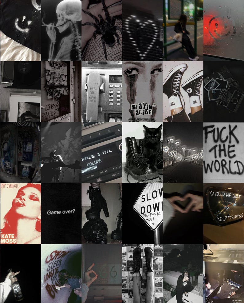 May include: A collage of images in black and white and red with a dark and edgy aesthetic. The images include a skull, a spider, a heart, a telephone, a pair of Converse sneakers, a black cat, a car driving on a bridge, a cassette player, a pair of black boots, a woman's face, a skull, a sign that says "Slow Down", a hand making a heart shape, a woman's face, a pair of black boots, a hand making a peace sign, a television screen, and a person with a black hoodie.