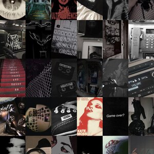 May include: A collage of images in black and white with some red and pink accents. The images include a woman's eye, a woman's face, a skull, a spider, a phone, a cassette tape, a pair of black Vans shoes, a woman's face, a pair of black boots, a pair of headphones, and a book with the text "devils roll the dice angels roll their eyes".