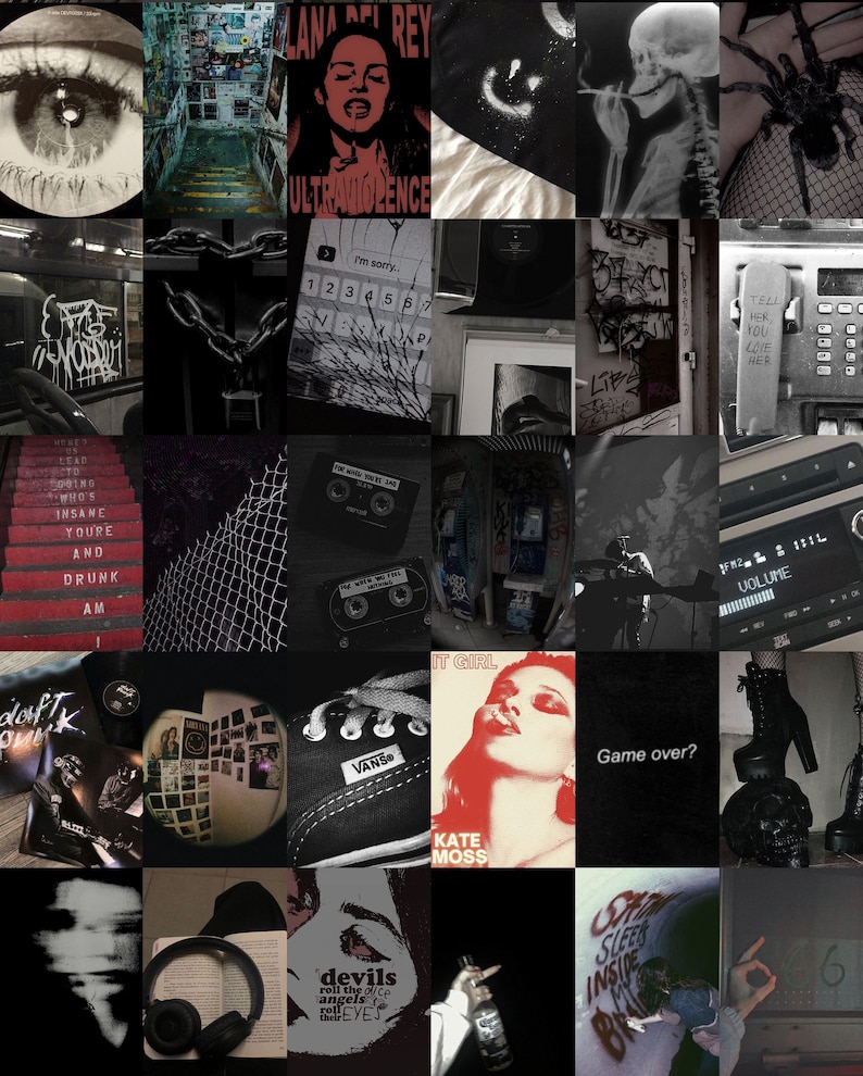 May include: A collage of images in black and white with some red and pink accents. The images include a woman's eye, a woman's face, a skull, a spider, a phone, a cassette tape, a pair of black Vans shoes, a woman's face, a pair of black boots, a pair of headphones, and a book with the text "devils roll the dice angels roll their eyes".