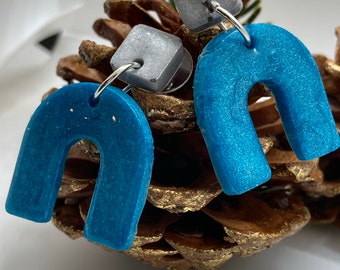 Polymer Clay Earrings Fun Retro modern blue arch