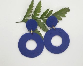 Mod Blue Clay Earrings Embossed Pattern