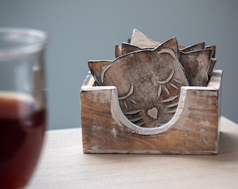 Mango Wood Cat Coasters Set of 6 with holder