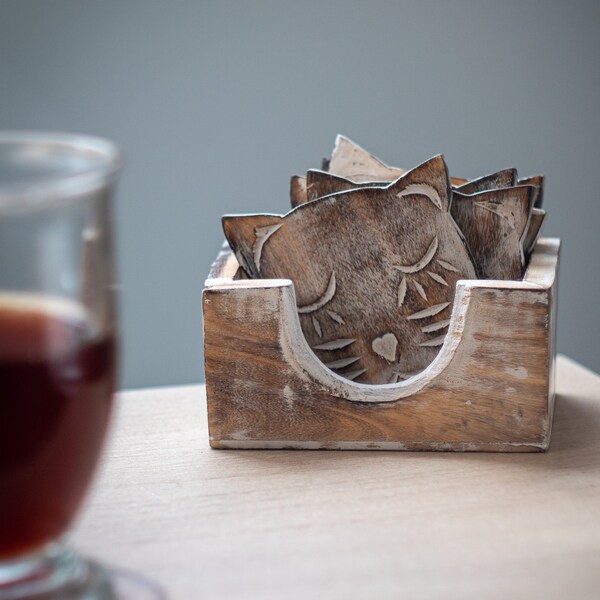 Mango Wood Cat Coasters Set of 6 with holder