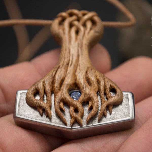 Collier Mjölnir Yggdrasil en bois d'orme entièrement fait main, Yggdrasil, marteau Thor, Mjölnir, collier viking, collier Thor, arbre monde