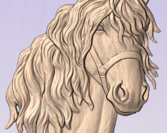 May include: A detailed wooden carving of a horse's head with a bridle. The horse has a long mane and a realistic expression.