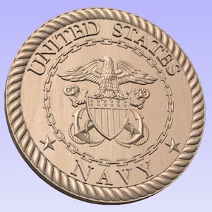 May include: A round, wooden plaque with a rope border. The plaque features the United States Navy seal, which includes an eagle, an anchor, and a shield with stars and stripes. The text "UNITED STATES NAVY" is inscribed around the seal.