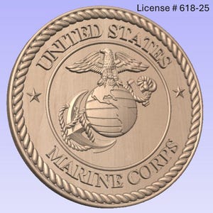 May include: A round wooden plaque with a rope border, featuring the United States Marine Corps emblem. The emblem includes a globe, an anchor, and an eagle with outstretched wings.