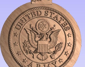 May include: A wooden ornament shaped like a Christmas tree ornament with a United States Army seal. The seal features an eagle with a shield and stars. The ornament has a holly and berry design at the top.