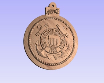 May include: A wooden ornament shaped like a round disc with a rope border. The ornament features the United States Coast Guard emblem with the words "United States Coast Guard 1790 Semper Paratus" in a circle around an anchor and shield.