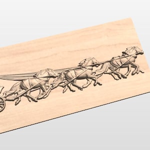 May include: A wooden relief carving of a stagecoach pulled by four horses. The stagecoach is detailed with wheels, doors, and a driver. The horses are in full gallop, creating a sense of motion. The carving is on a rectangular wooden board.