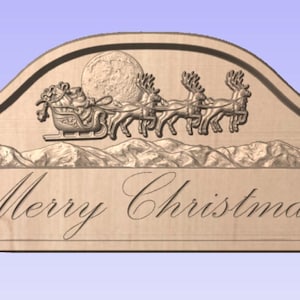 Op de afbeelding: Een houten bord met een gesneden afbeelding van Sinterklaas in een slee die door rendieren wordt getrokken die over een bergketen vliegen. Het bord heeft de tekst "Prettige Kerst".