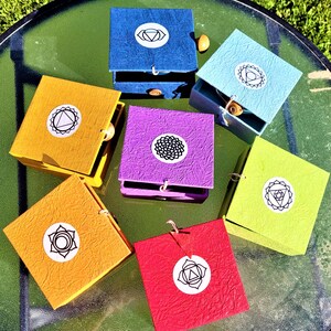 May include: Seven small square boxes with lids, each a different colour of the rainbow, with a white circle on the top of each box containing a black symbol. The symbols are the seven chakras.