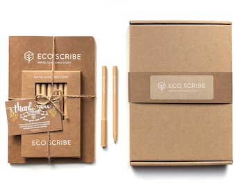 Set regalo di cancelleria ecologica - 100% senza plastica, taccuino/diario/diario A5 Premium e confezione da 10 penne in carta riciclata, completamente riciclabile