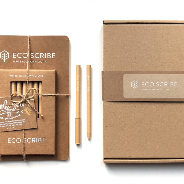 Eco Friendly Stationery Gift Set - 100% Plastic Free, A5 Premium Notebook/Journal/Diary & Pack of 10 Recycled Paper Pens, Fully Recyclable