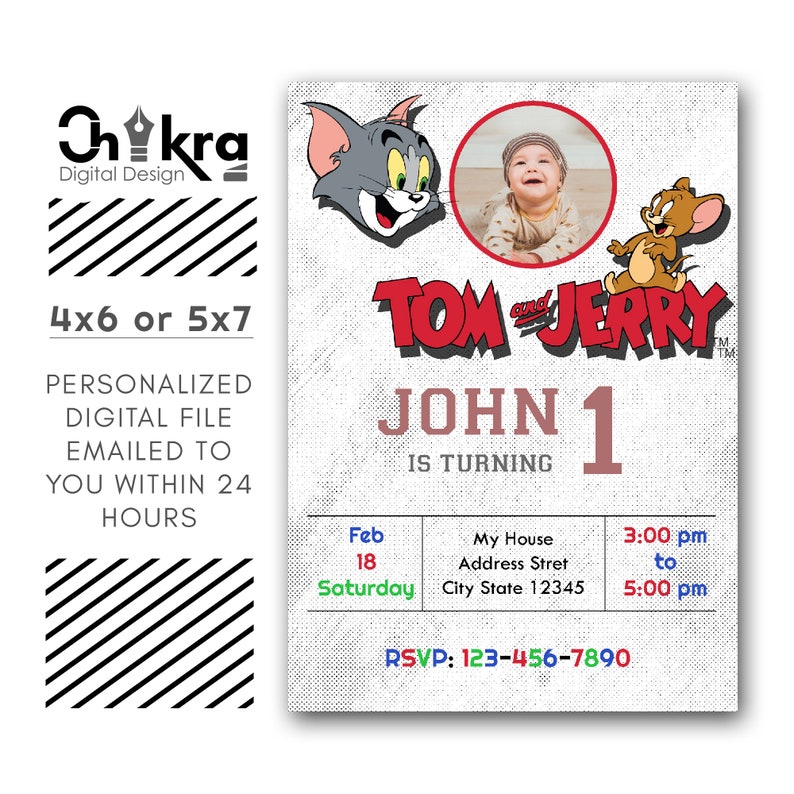 May include: A personalized Tom and Jerry themed birthday invitation. The design includes cartoon images of Tom and Jerry, a photo of a baby, and event details. The invitation is a 4x6 or 5x7 digital file.