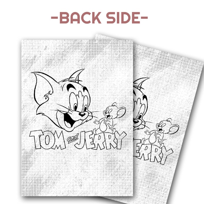 May include: Two white rectangular items with a black and white cartoon graphic of Tom and Jerry. The text "TOM and JERRY" is below the cartoon characters. The background has a textured, off-white appearance.