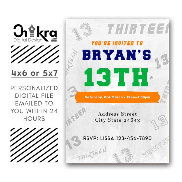 All Ages, Boys Birthday Party Invitation, Personalized. 1 JPG,1 PDF