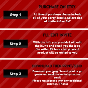 May include: A red background with white diagonal stripes features instructions for purchasing and receiving a digital invitation. The steps include providing party details, editing the invite, and downloading the JPEG file.
