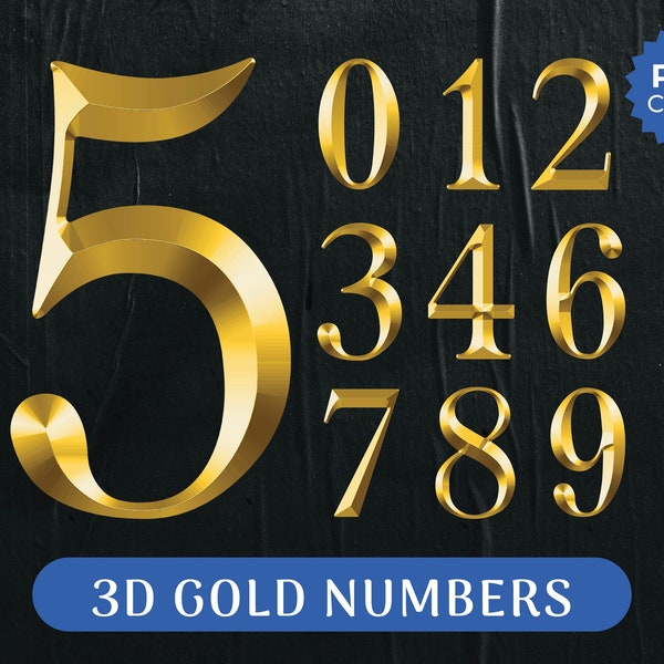 3D GOLD NUMBERS PNG, Vintage Gold Letters, Metallic Font Numbers Clipart, Gothic Letter Clipart Png Files Commercial Use Digital Download