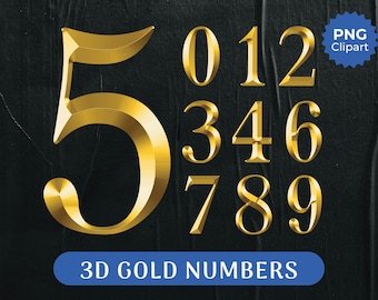 3D GOLD NUMBERS PNG, Vintage Gold Letters, Metallic Font Numbers Clipart, Gothic Letter Clipart Png Files Commercial Use Digital Download