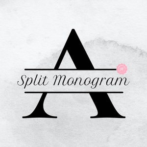 May include: A black split monogram design with the letter "A" split in half by a horizontal line with the text "Split Monogram" centered on the line.