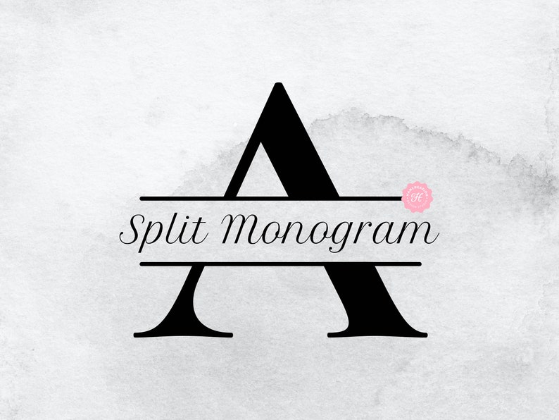 May include: A black split monogram design with the letter "A" split in half by a horizontal line with the text "Split Monogram" centered on the line.