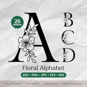Alfabeto floral SVG, Apellido SVG, Monograma inicial SVG, Floritura SVG, Boda SVG, Letra de flor, Archivo cortado con láser, Clipart PNG/Eps/DXF