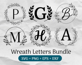 Monogram SVG Bundle, Last Name Svg, Initial Monogram Svg, Flourish Alphabet Clipart, Laurel Letter Font, Family Name Laser Cut Files Png/Dxf