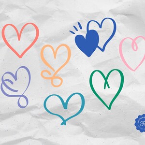 May include: A collection of nine hand-drawn hearts in various colors, including pink, blue, green, orange, and red. The hearts are drawn on a white textured background.