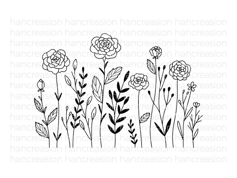 Flower Meadow Svg Bundle, Line Art Flower Svg, Wildflower Svg, Floral Svg, Botanical PNG, Greenery Clipart, Leaf Vector, Cut Files DXF image 4