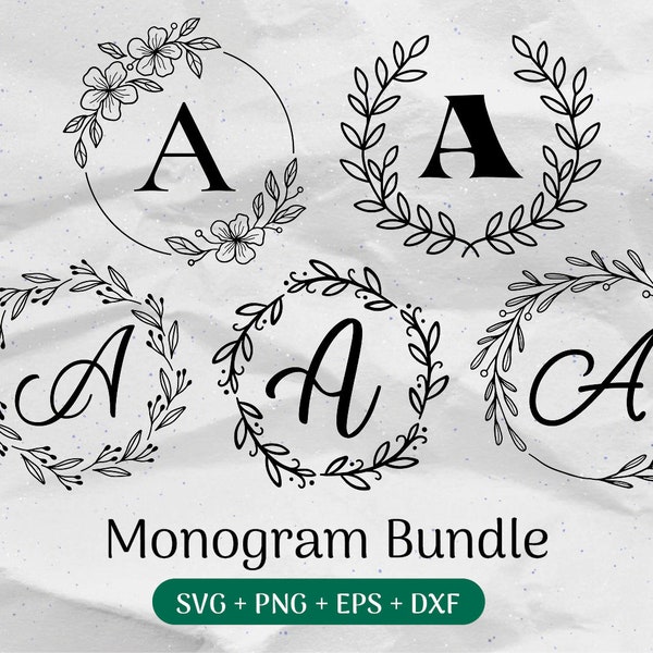 Floral Monogram SVG Bundle, Wreath Letter Clipart, Last Name Svg, Initial Monogram, Alphabet Cut Files Png/Eps/Dxf, Wood Burning Graphic